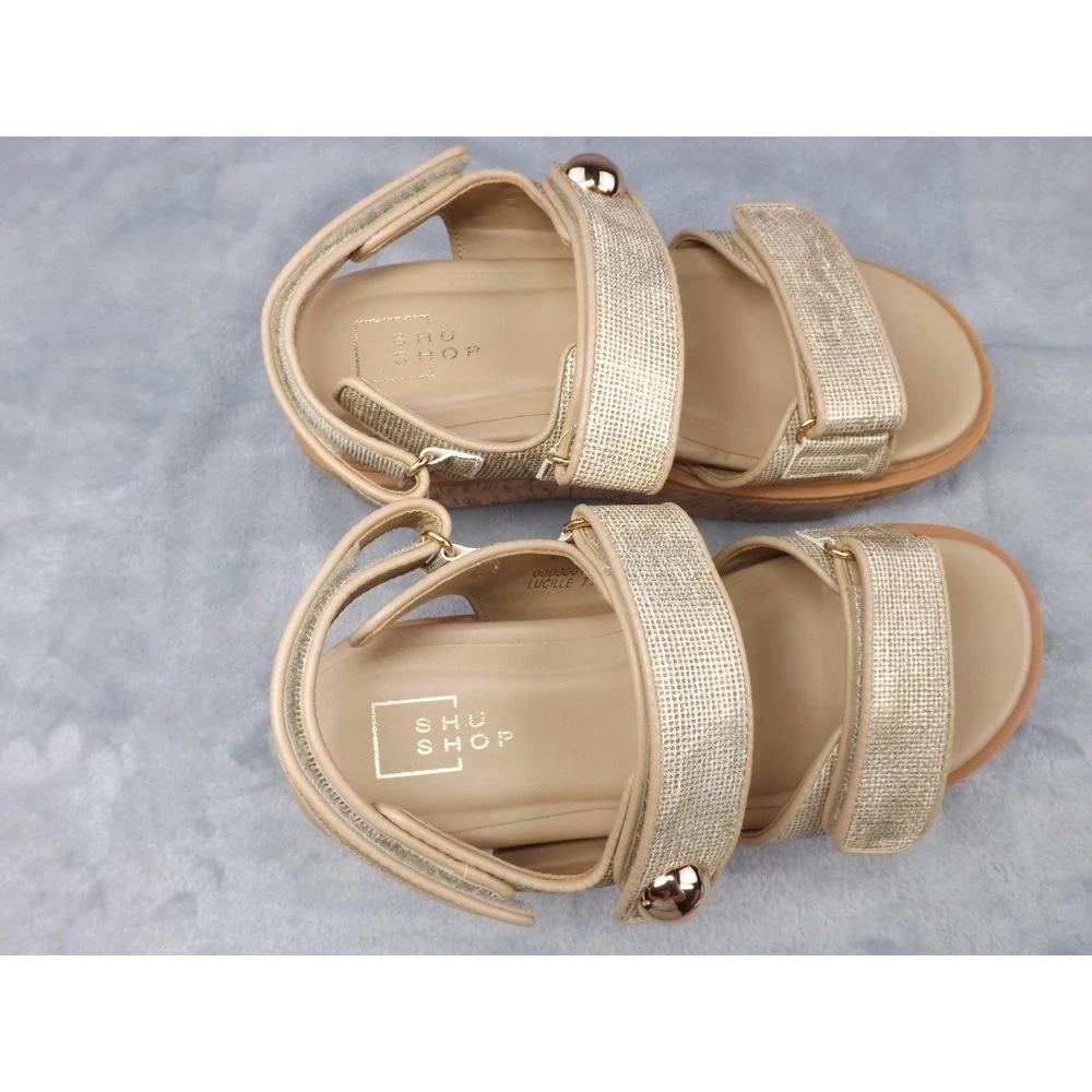 Shu Shop Lucille Women's 7.5 Gold Metallic Platform Sandals Padded Footbed NWT